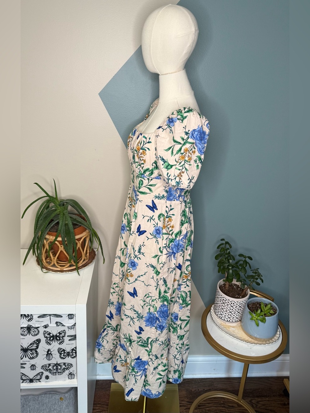 Floral Butterfly Linen Blend Midi Dress Puff Sleeve Autumn Wedding Guest Size 8 - Picture 3 of 11